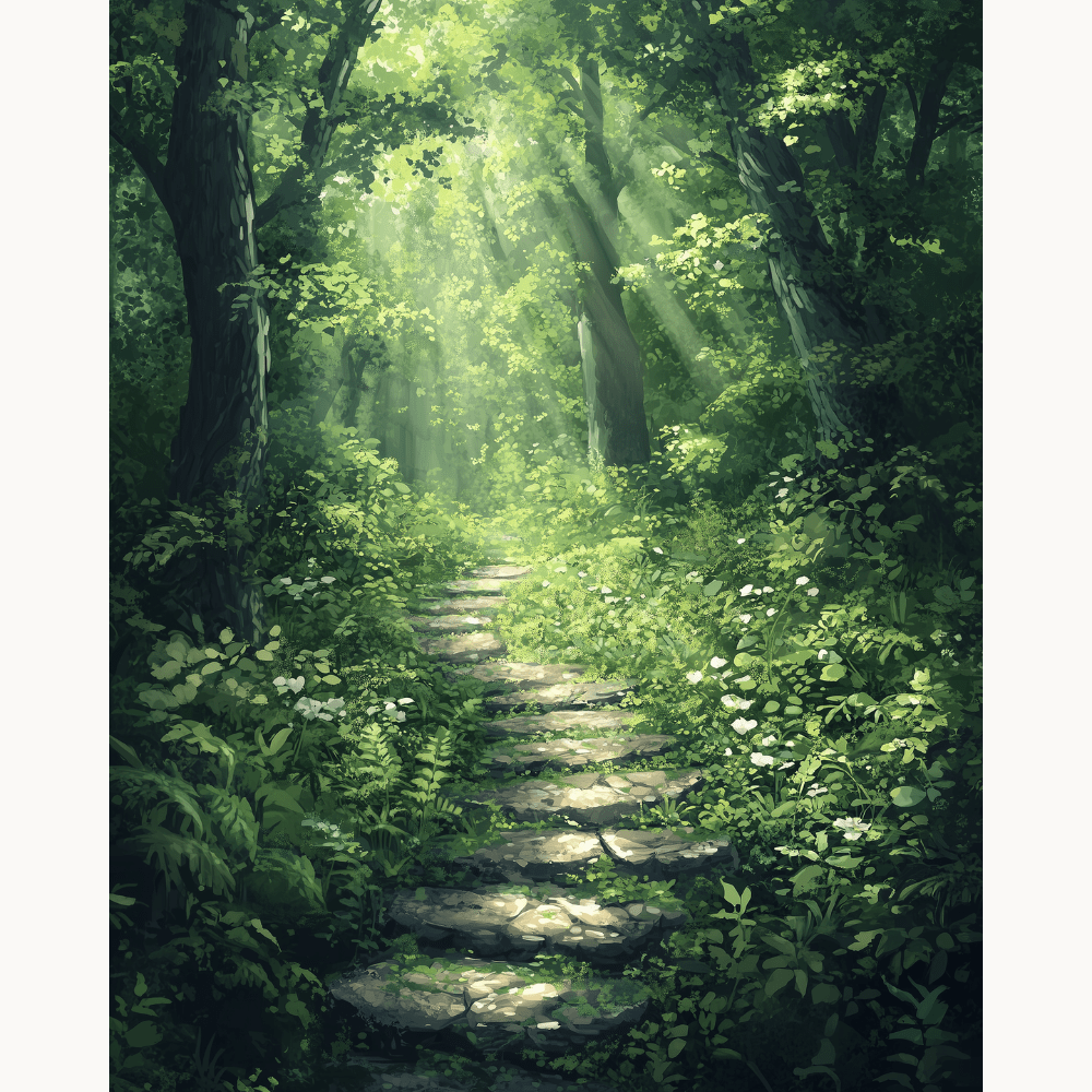 A tranquil forest setting is depicted, characterized by a stone path winding through lush greenery, with sunlight filtering through trees, casting dappled shadows and highlighting the verdant ferns..