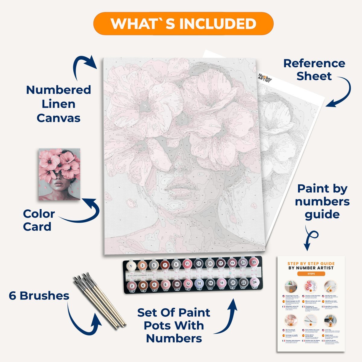 The image features a woman with a floral crown composed of large pink flowers and smaller white ones.