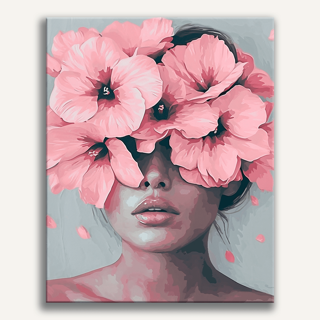 The image features a woman with a floral crown composed of large pink flowers and smaller white ones.