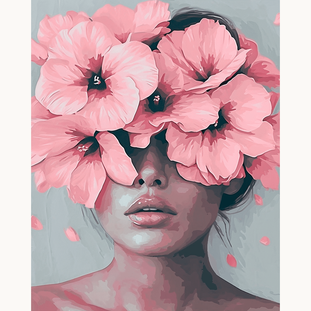 The image features a woman with a floral crown composed of large pink flowers and smaller white ones.