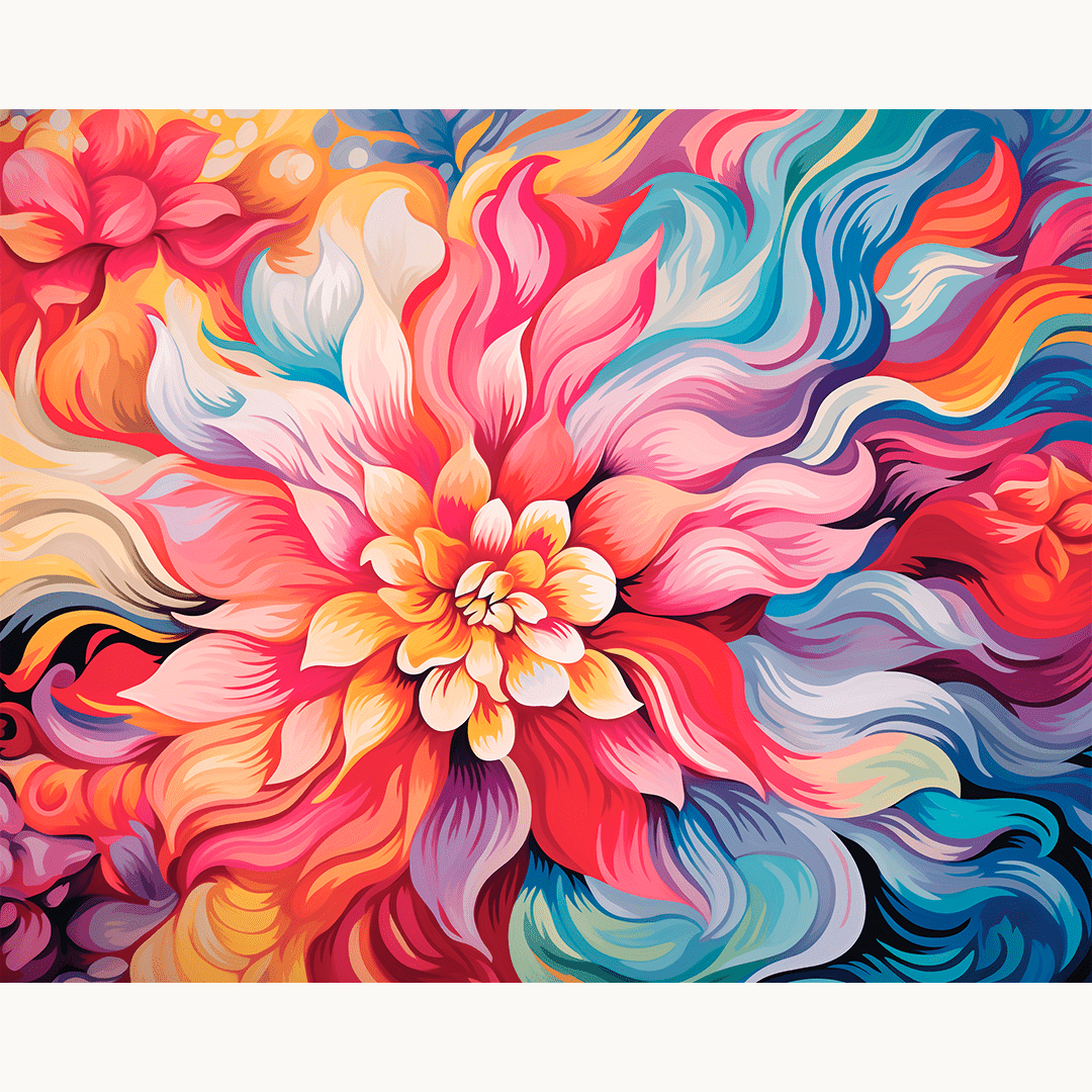 The image displays a vibrant abstract floral painting.