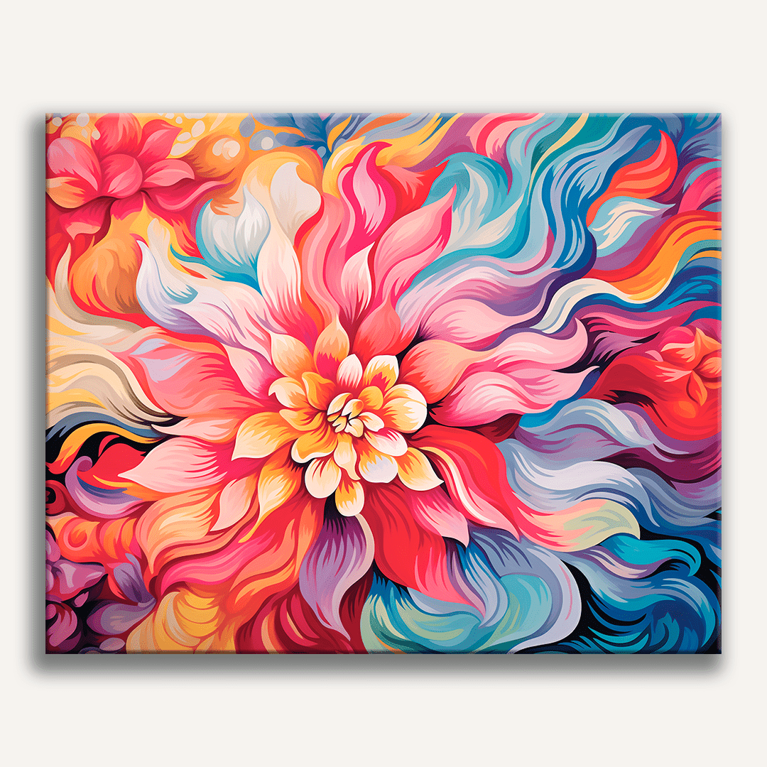 The image displays a vibrant abstract floral painting.