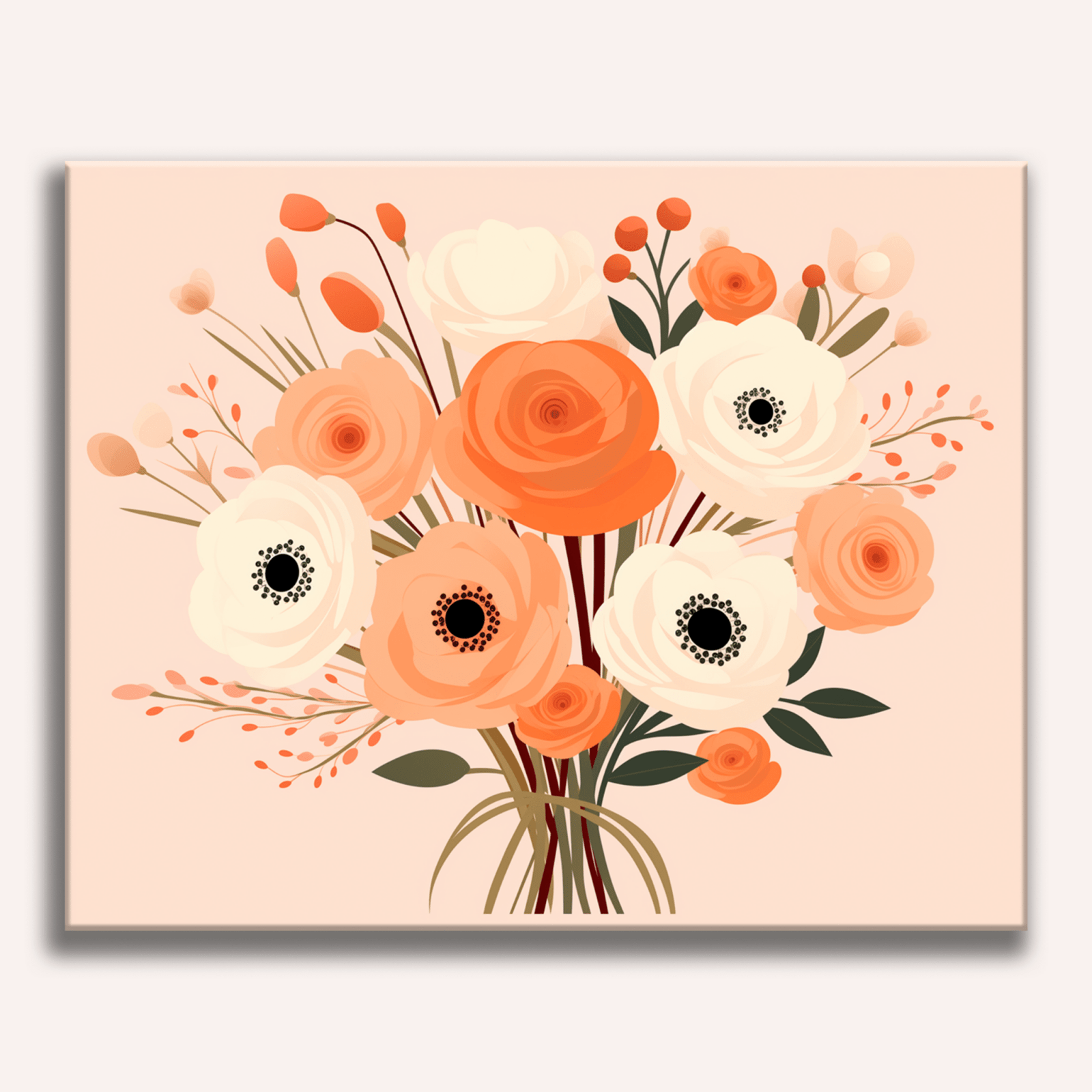 The image showcases a vibrant bouquet of flowers, primarily orange and pink, set against a beige background.