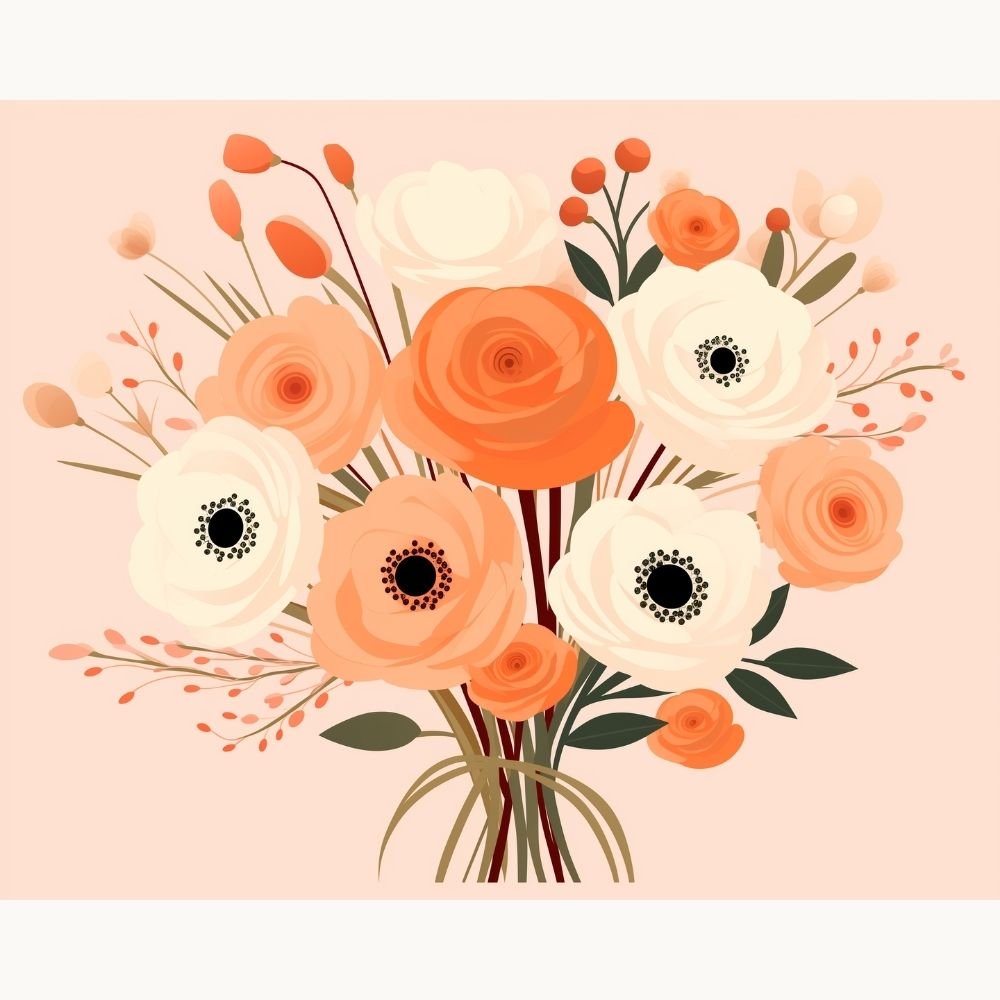 The image showcases a vibrant bouquet of flowers, primarily orange and pink, set against a beige background.