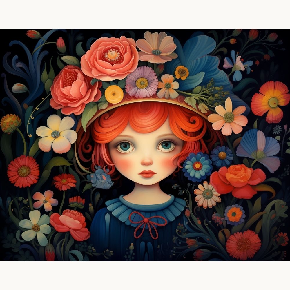 A girl with red hair sits amidst a vibrant floral arrangement.