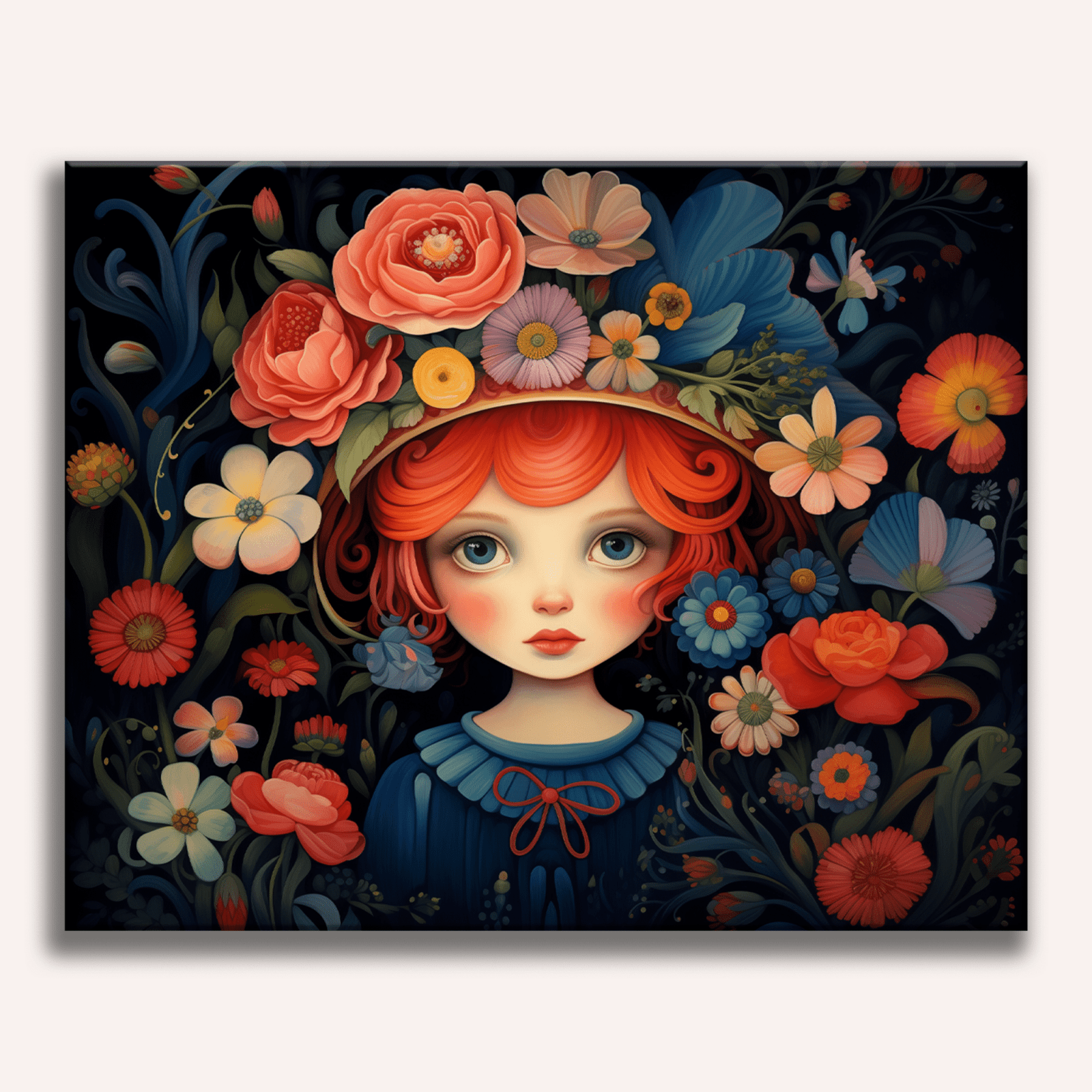 A girl with red hair sits amidst a vibrant floral arrangement.