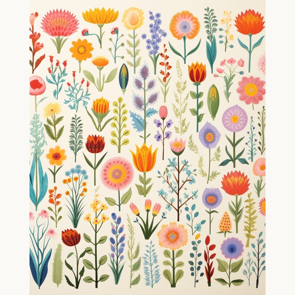 The image features a square tile adorned with an array of colorful floral illustrations..