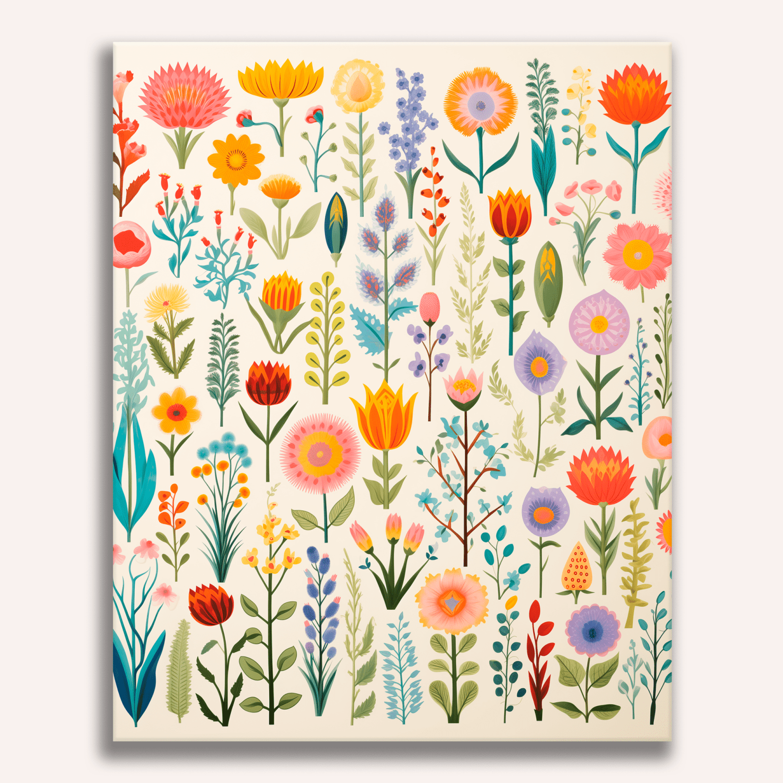 The image features a square tile adorned with an array of colorful floral illustrations..