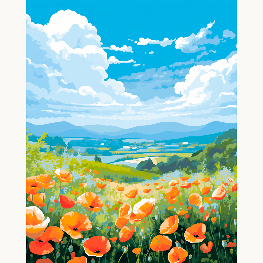 This is a colorful illustration featuring a tranquil rural landscape.