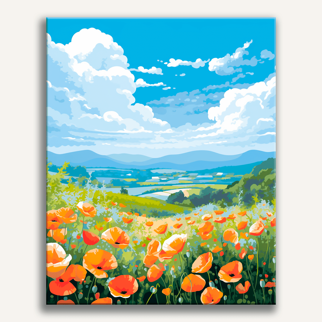 This is a colorful illustration featuring a tranquil rural landscape.