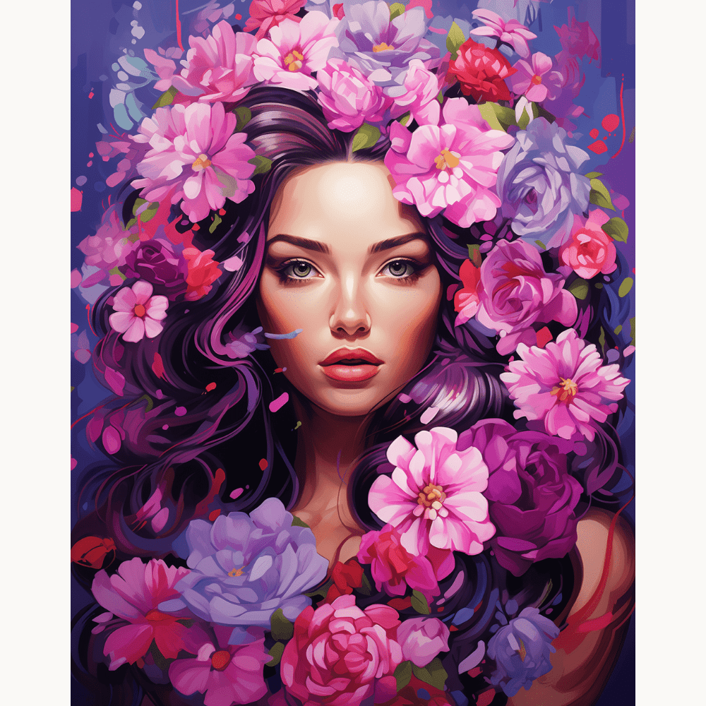 The image presents a close-up portrait of a woman's face, which is partially obscured by an arrangement of colorful flowers.