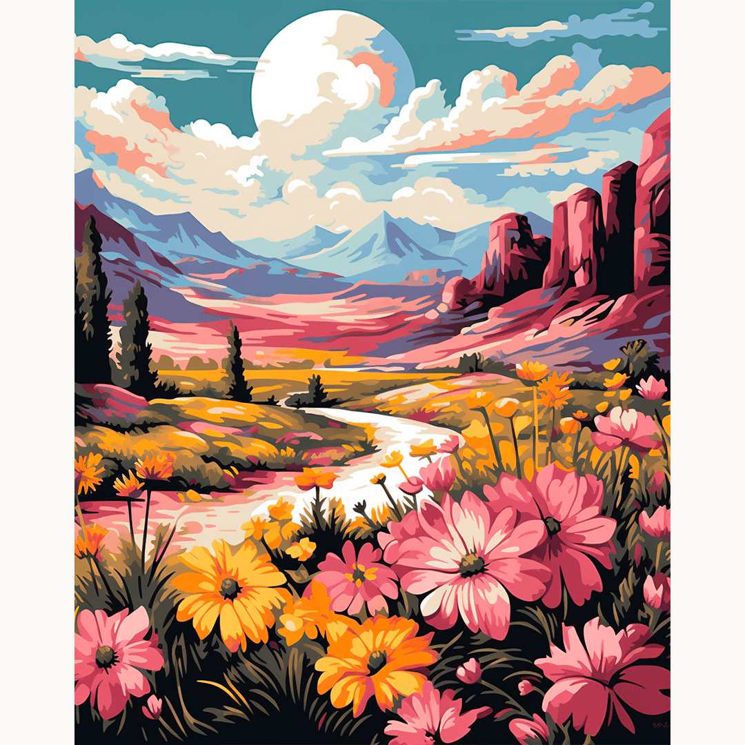 A colorful illustration showcases a serene landscape featuring a winding dirt road flanked by a variety of flowers.