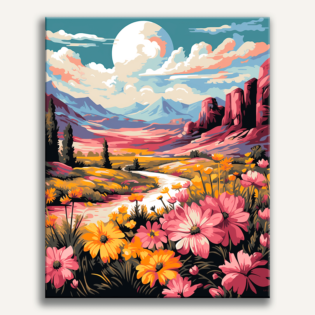 A colorful illustration showcases a serene landscape featuring a winding dirt road flanked by a variety of flowers.
