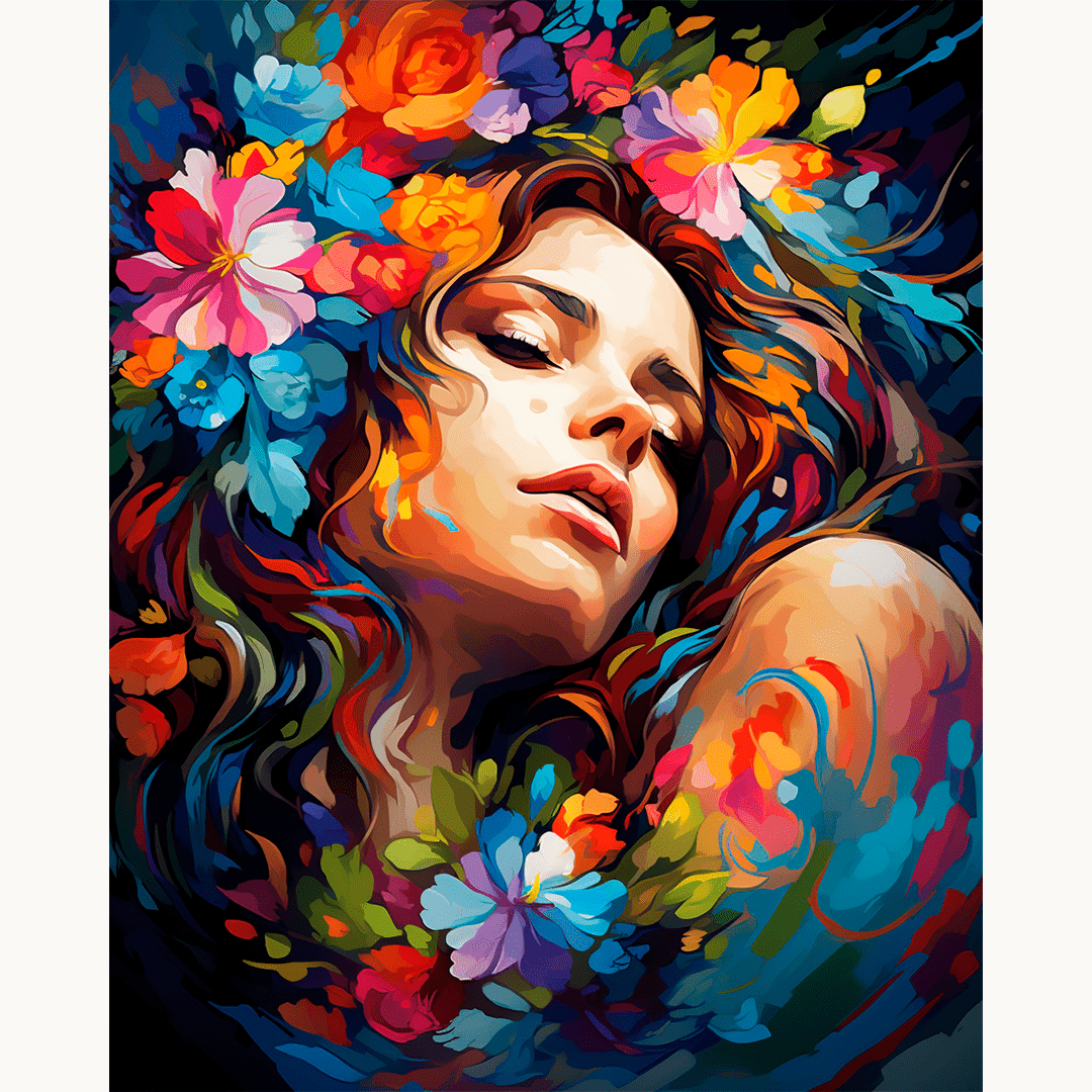 An illustrated woman lies amidst a vibrant explosion of colorful flowers.