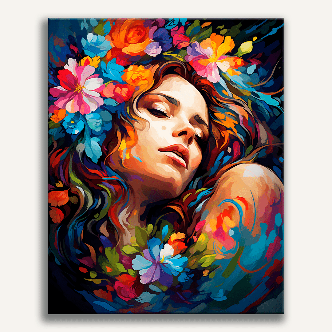 An illustrated woman lies amidst a vibrant explosion of colorful flowers.