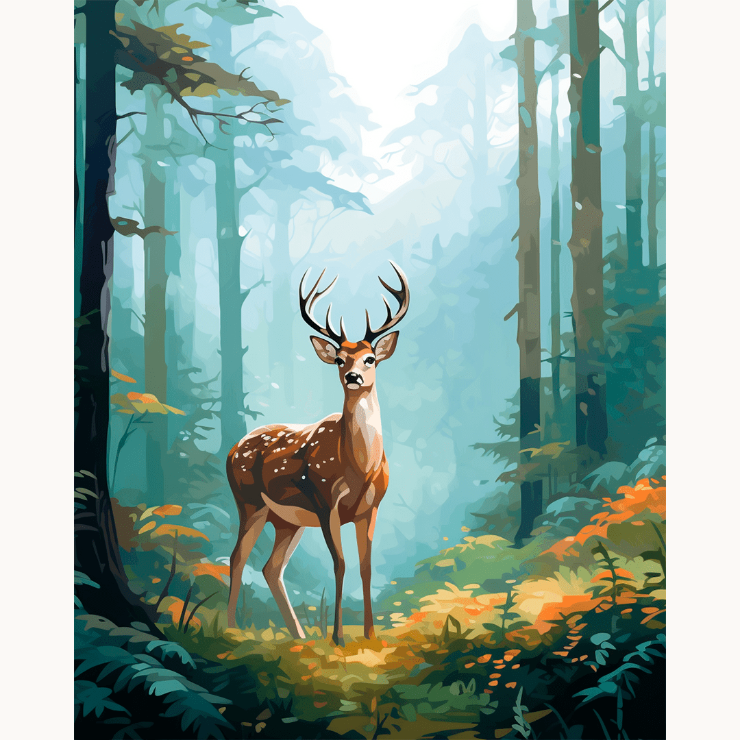 In the image, a majestic deer stands tall amidst a serene forest.