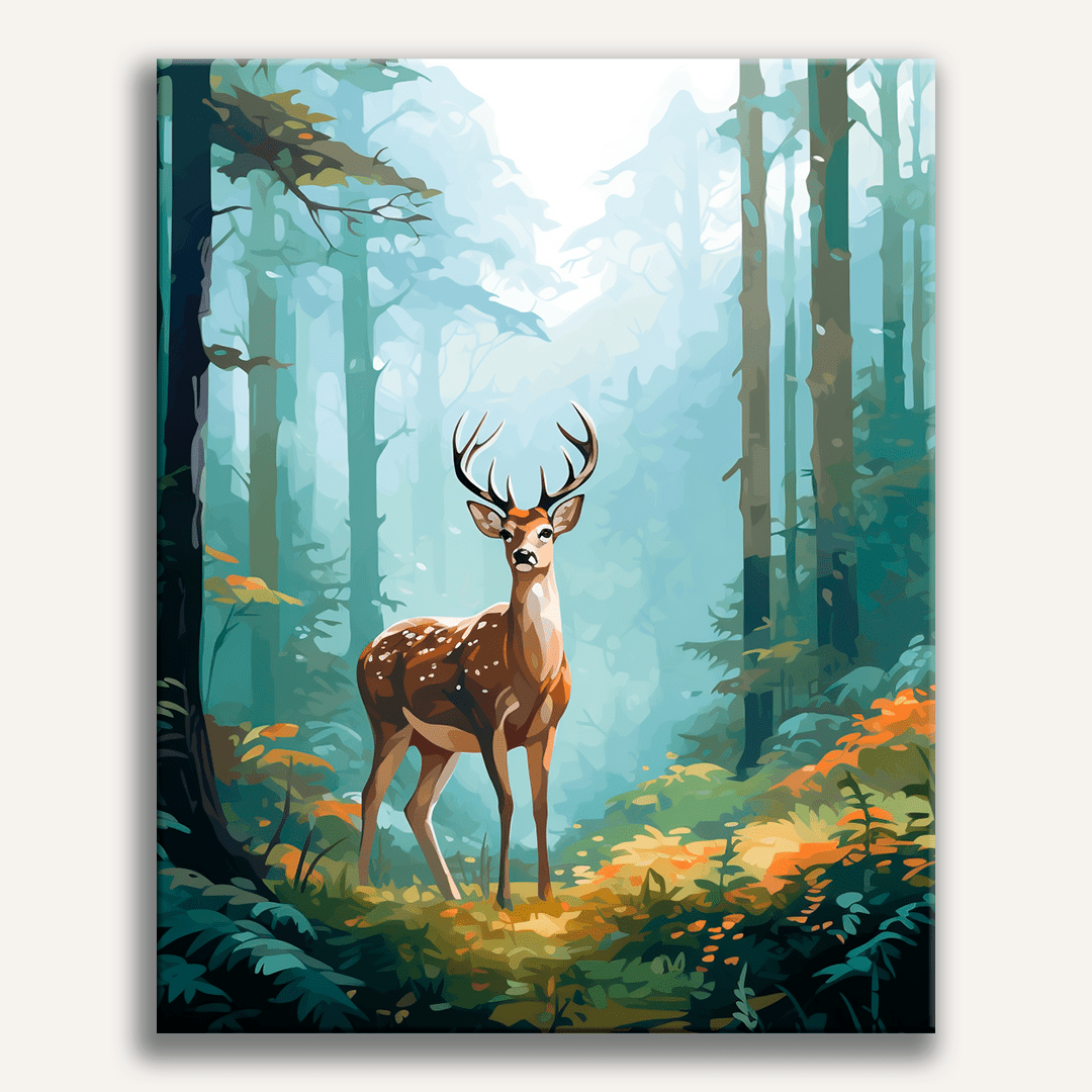 In the image, a majestic deer stands tall amidst a serene forest.