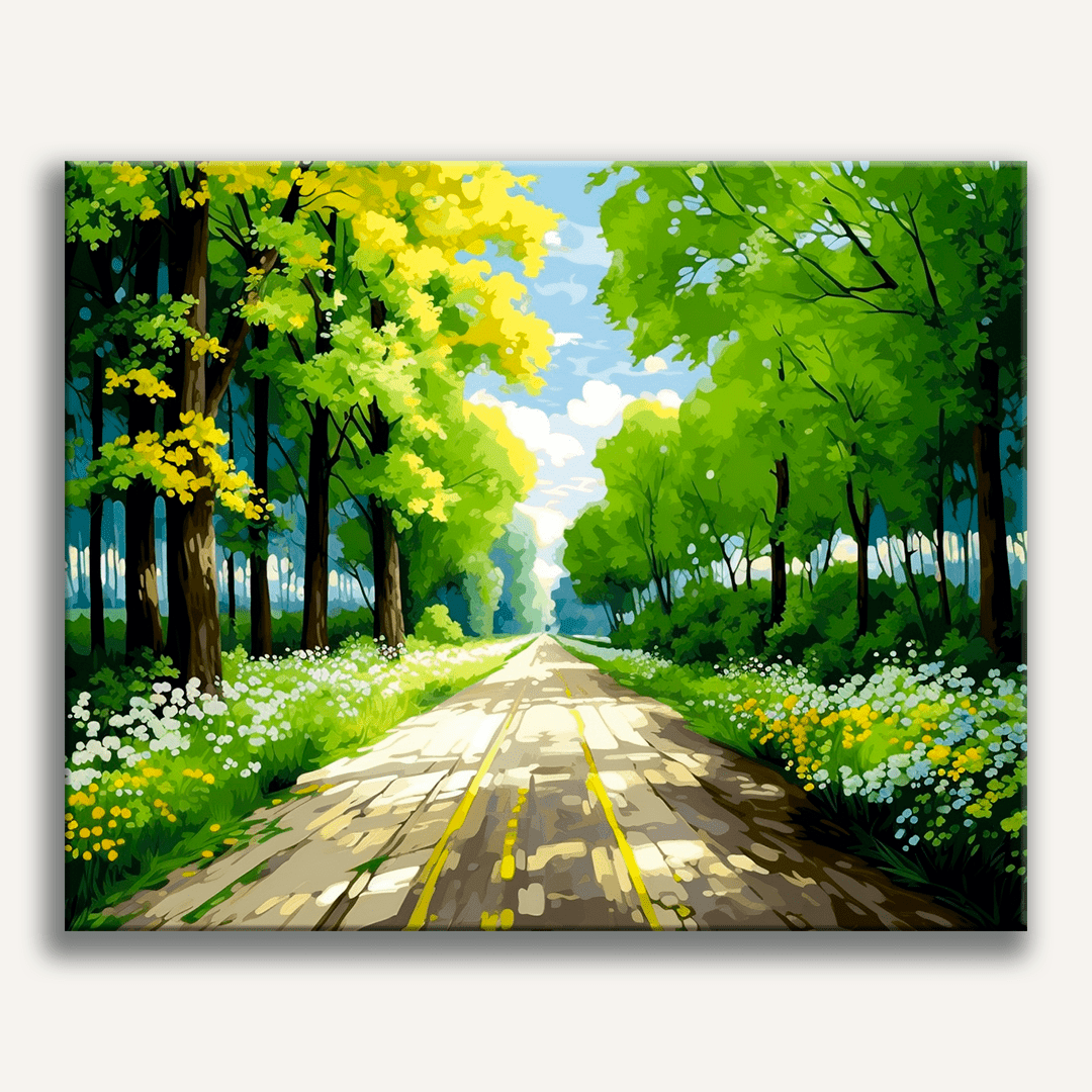 A picturesque landscape scene showcases a pathway stretching down a tree-lined road on a sunny day..