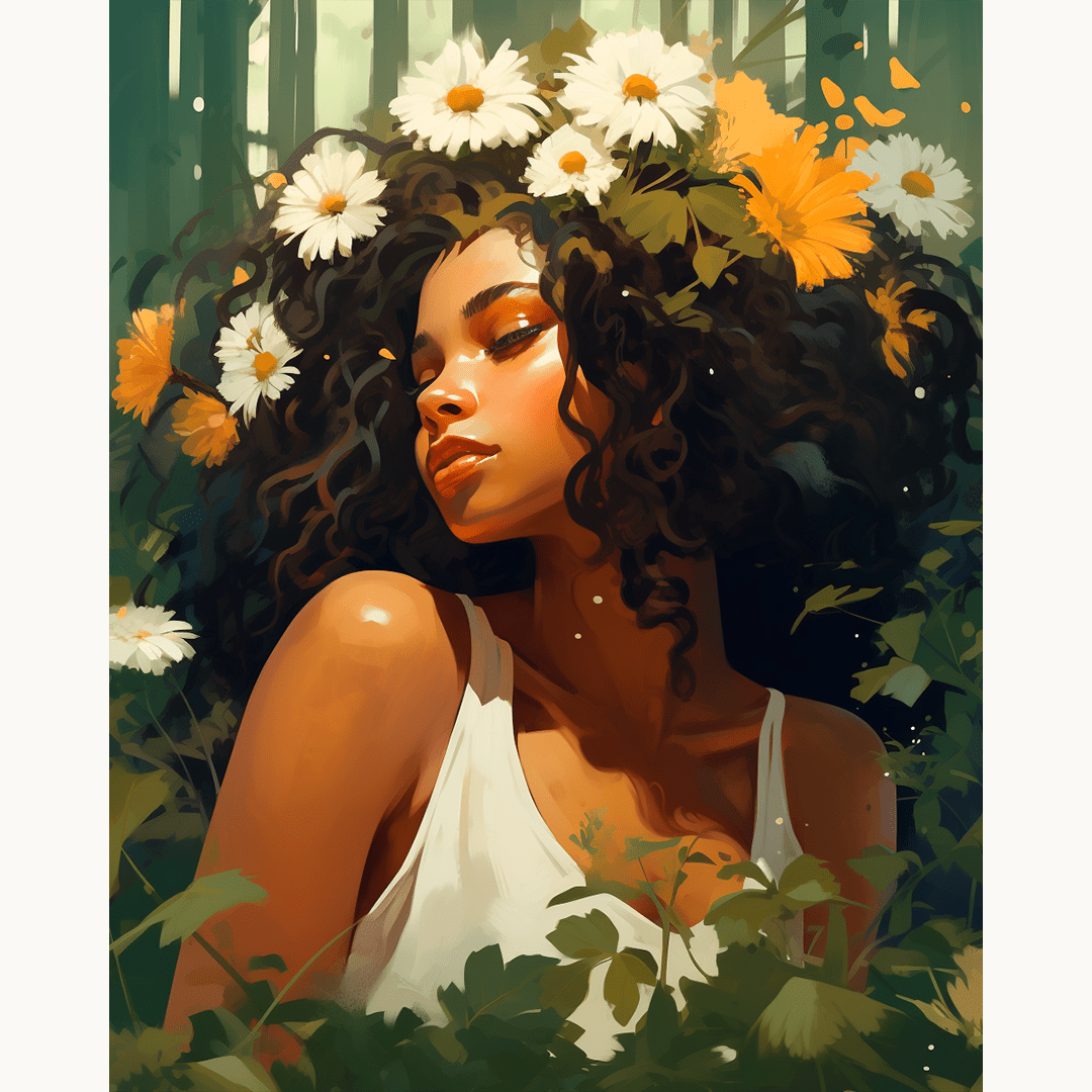 A woman with long hair and a radiant smile, set against the backdrop of a verdant forest floor, stands amidst a cascade of vibrant yellow flowers.