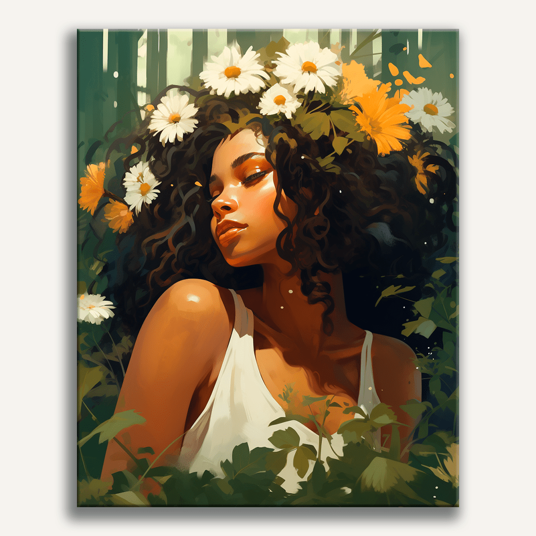 A woman with long hair and a radiant smile, set against the backdrop of a verdant forest floor, stands amidst a cascade of vibrant yellow flowers.