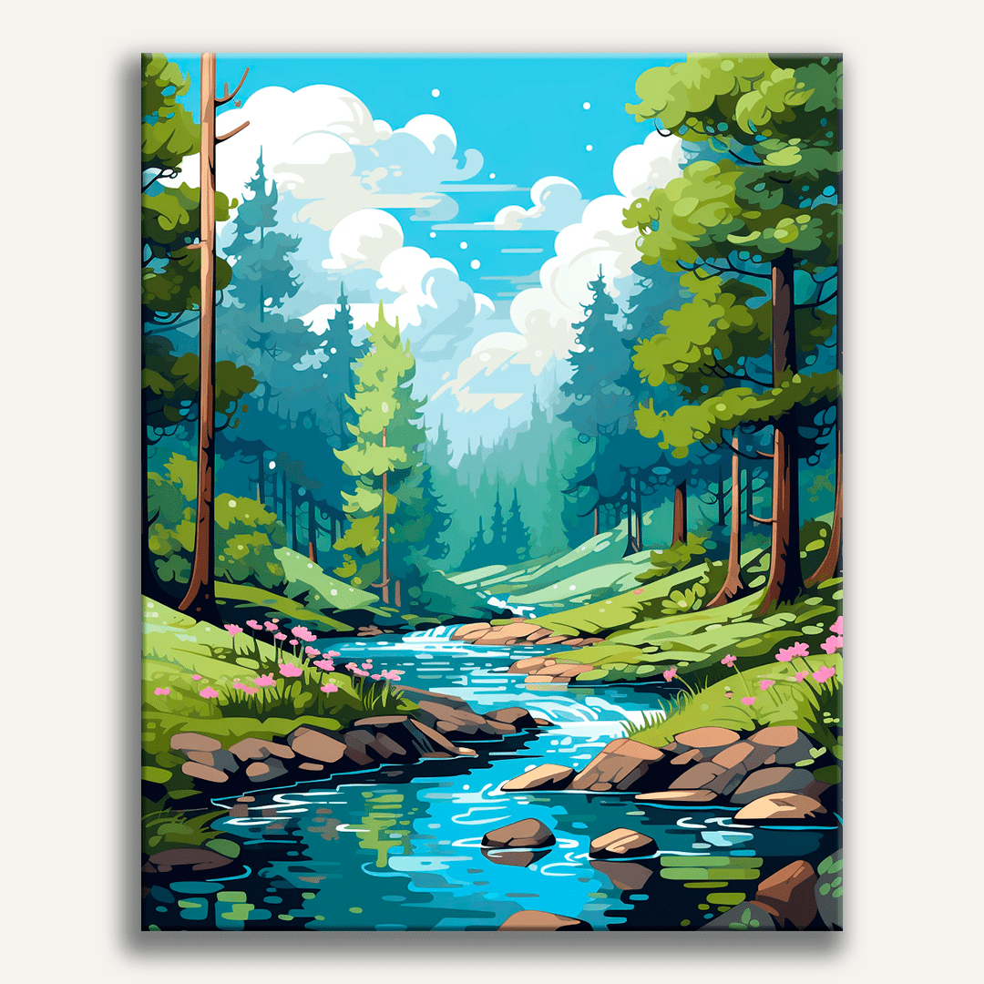 The image displays a serene landscape scene depicted in a realistic style with attention to detail and color.