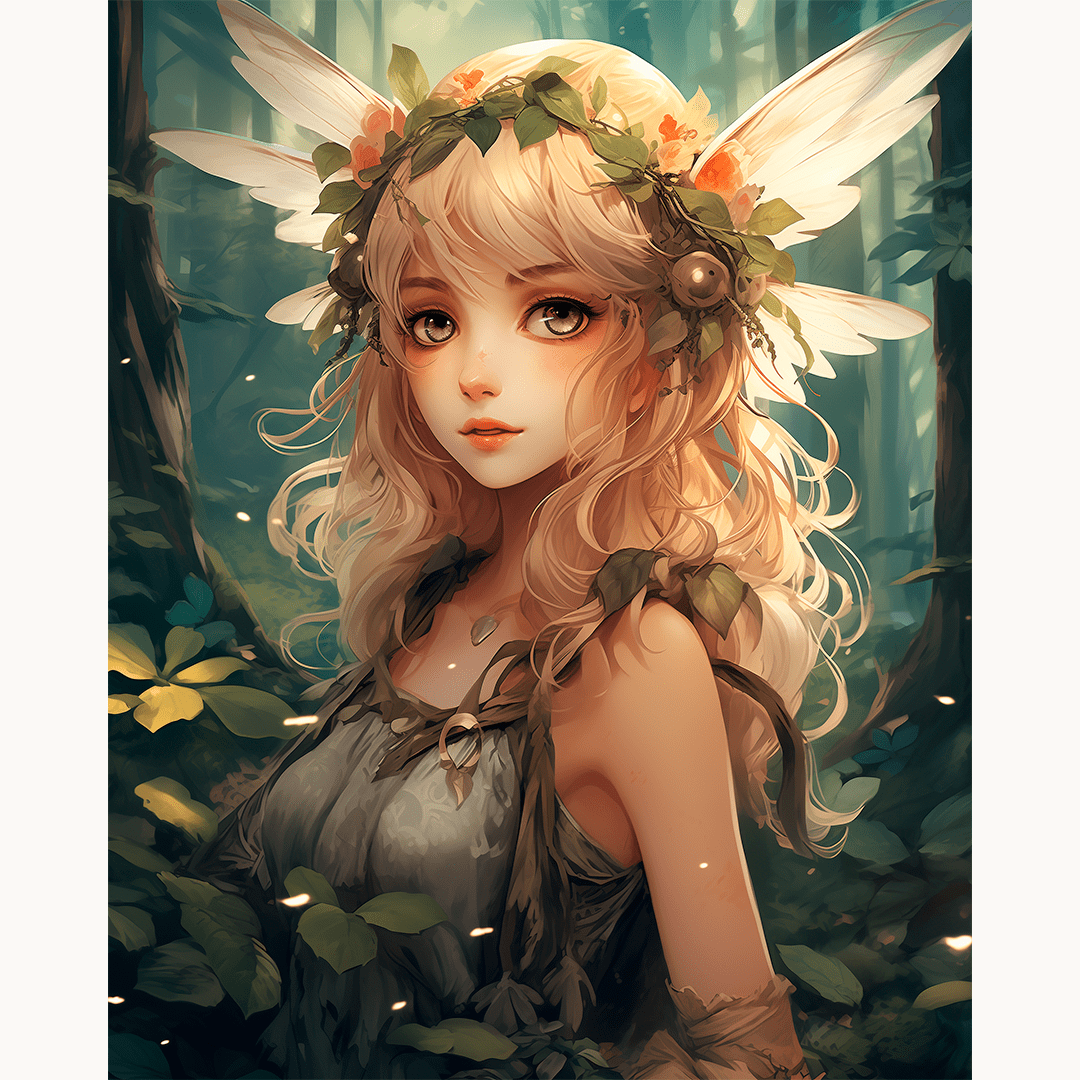 An illustrated character with light-colored hair styled with leaves stands amidst a forest, exuding an ethereal vibe..