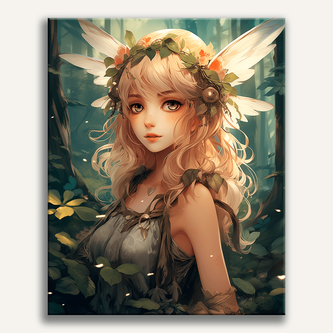 An illustrated character with light-colored hair styled with leaves stands amidst a forest, exuding an ethereal vibe..