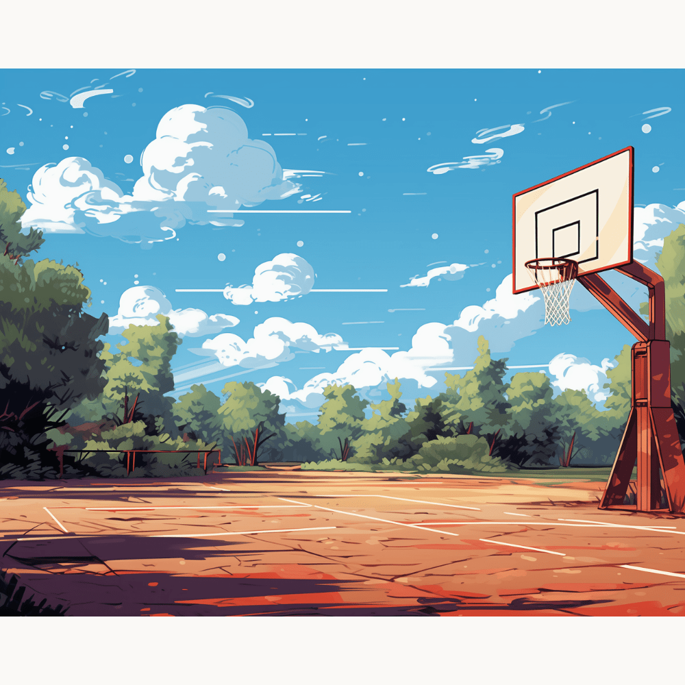 A cartoon-style illustration depicts a basketball hoop on a court, under a clear blue sky with scattered clouds.