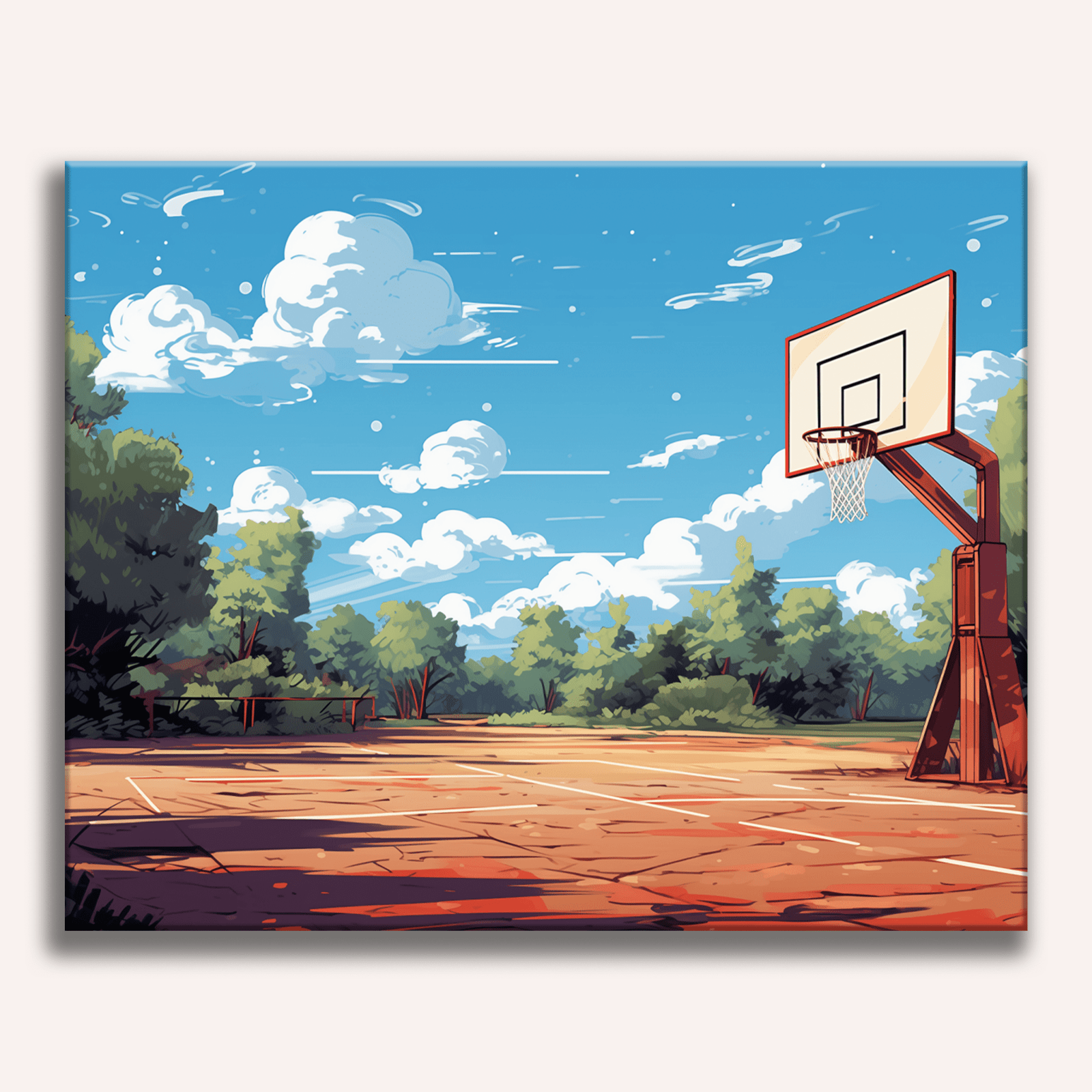 A cartoon-style illustration depicts a basketball hoop on a court, under a clear blue sky with scattered clouds.
