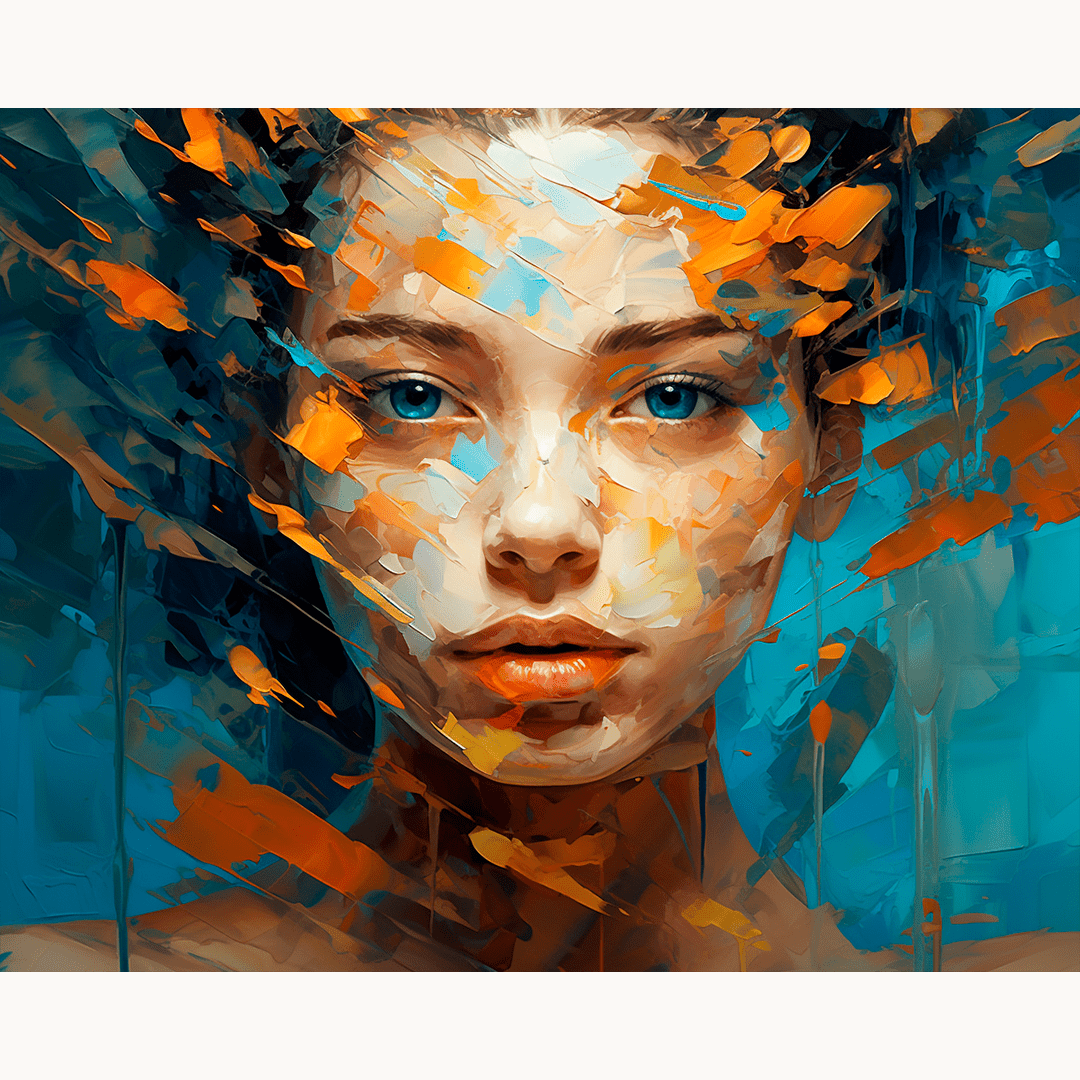 The image features a woman's face prominently against a vibrant blue background.