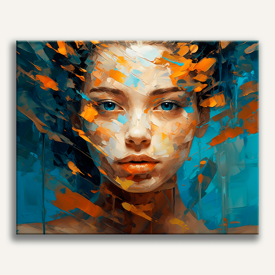 The image features a woman's face prominently against a vibrant blue background.