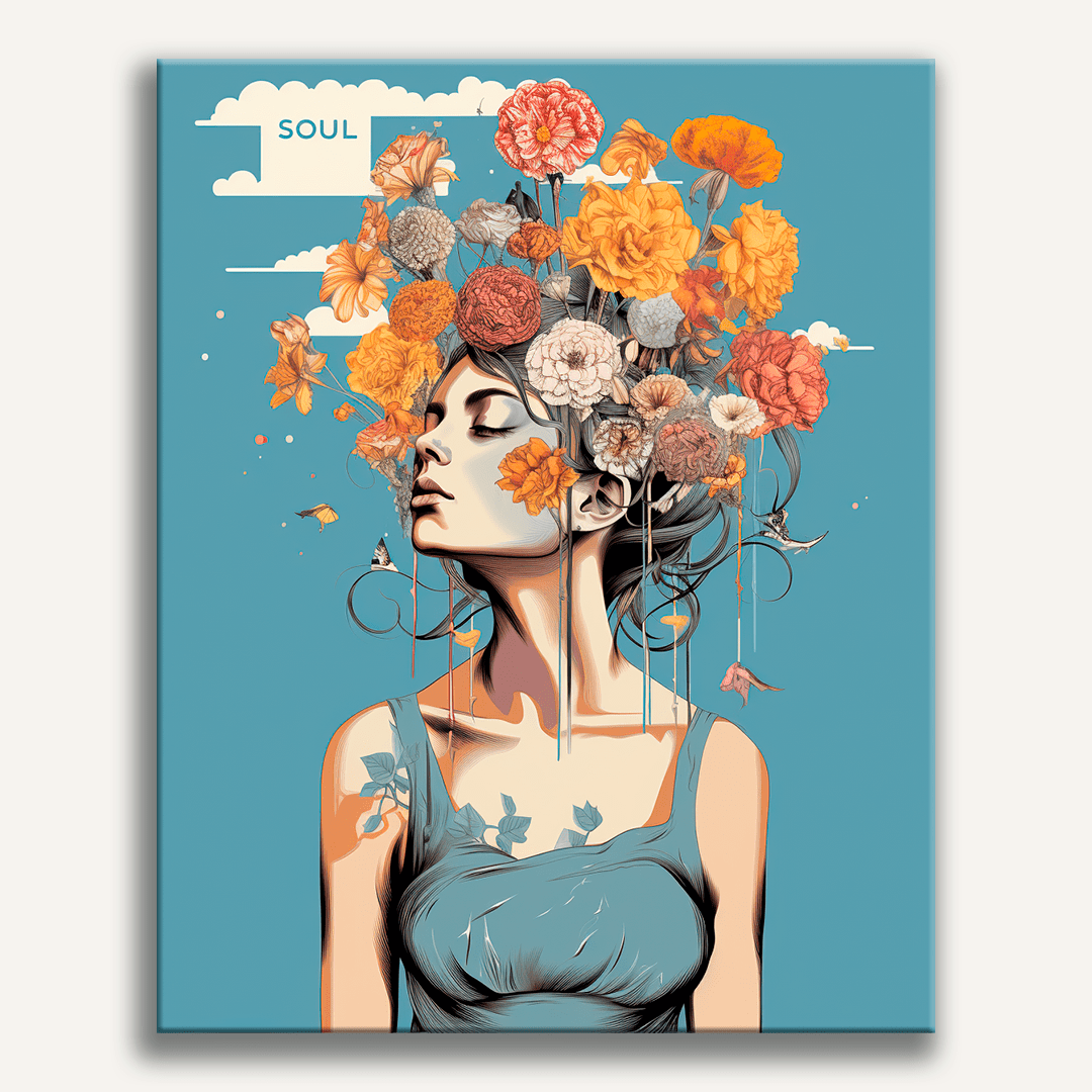 A poster with a central female figure surrounded by an assortment of colorful flowers, her hands reaching outwards.