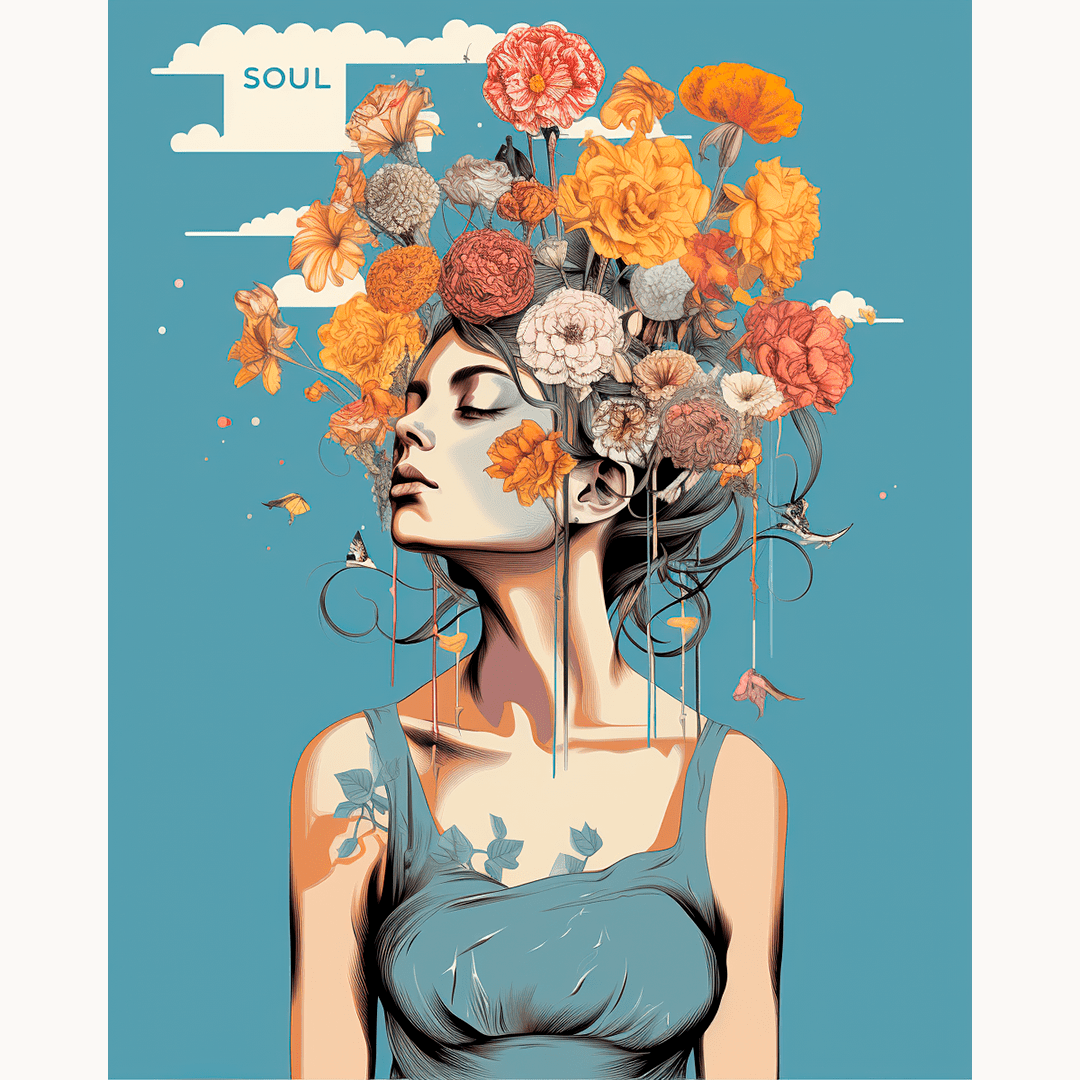 A poster with a central female figure surrounded by an assortment of colorful flowers, her hands reaching outwards.