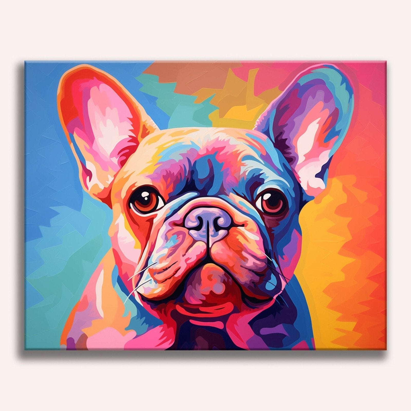 A vibrant and colorful painting showcases a large French Bulldog gazing towards its left, its head framed by a colorful border that resembles a sunset or rainbow hues..