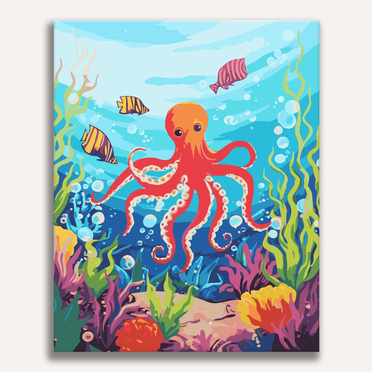 A vibrant underwater scene showcases a playful octopus swimming amidst colorful coral and tropical fish.