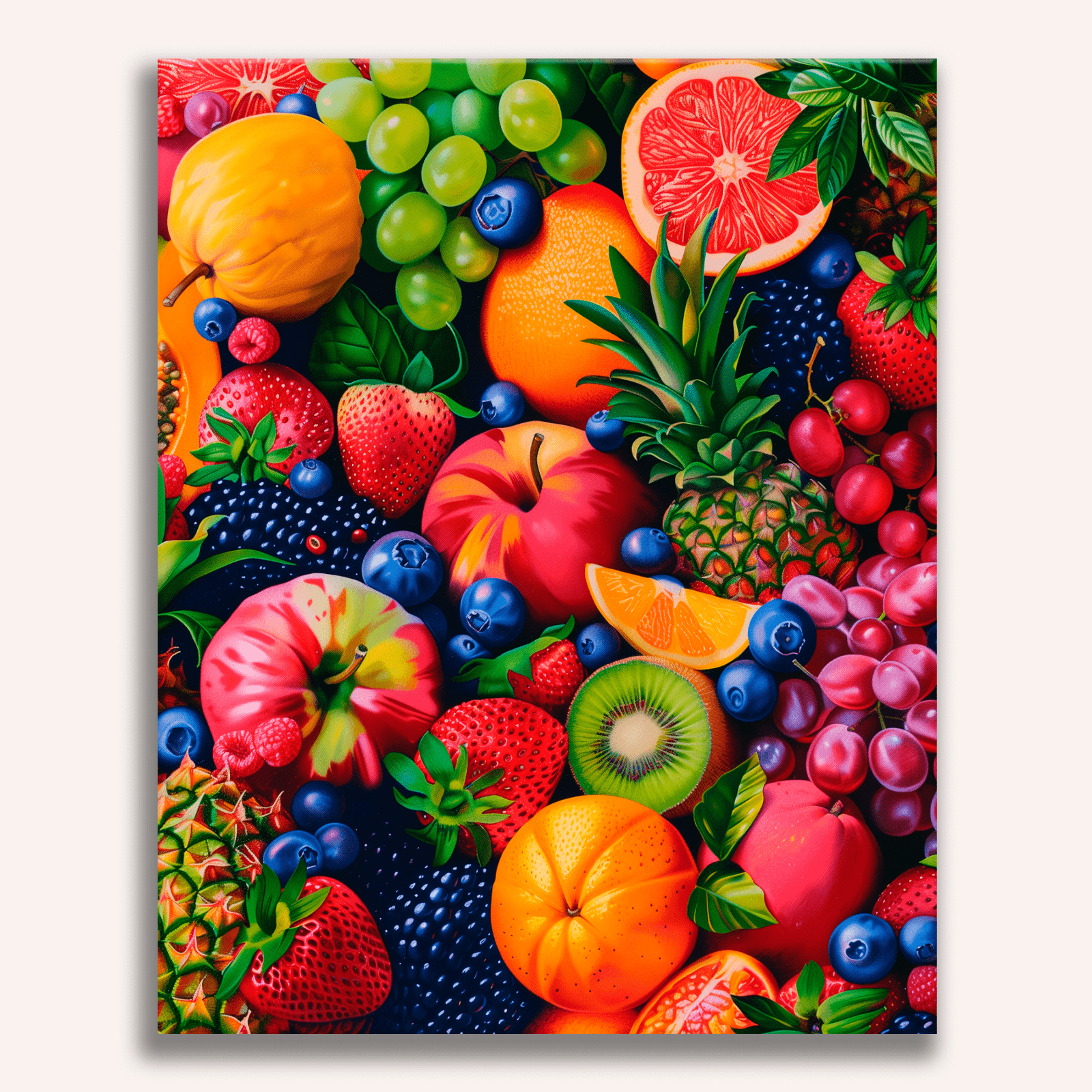 A vibrant and colorful poster featuring a dense arrangement of fresh fruit.