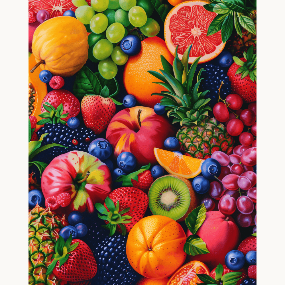 A vibrant and colorful poster featuring a dense arrangement of fresh fruit.