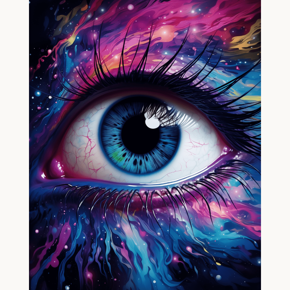 The image showcases an artistic print featuring a close-up view of a human eye encircled by a vibrant, multicolored iris with veins that radiate outward like streams of color.