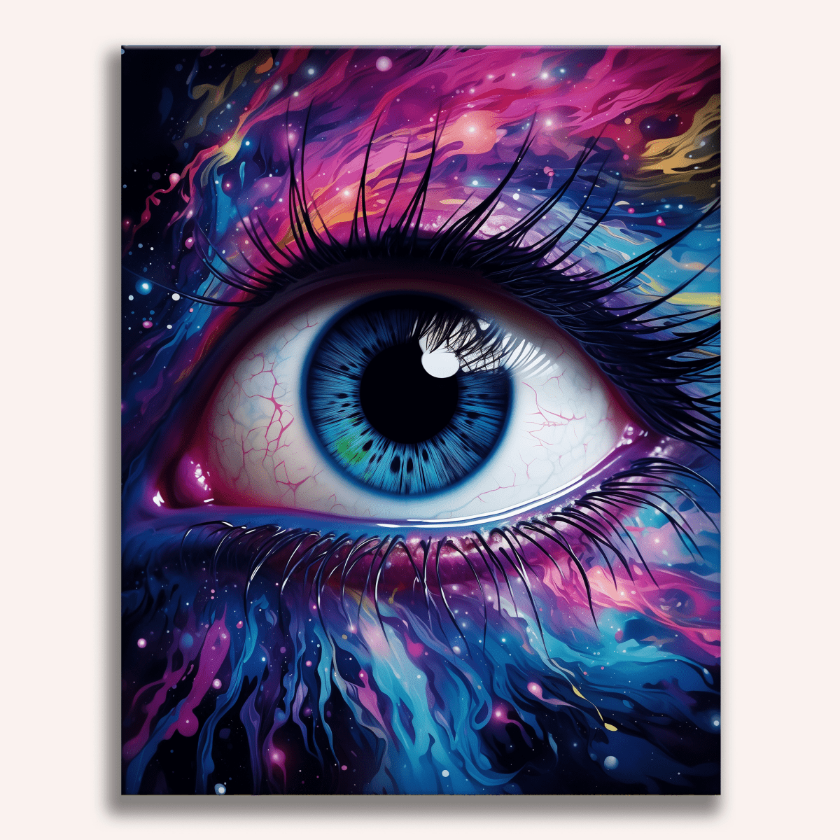 The image showcases an artistic print featuring a close-up view of a human eye encircled by a vibrant, multicolored iris with veins that radiate outward like streams of color.