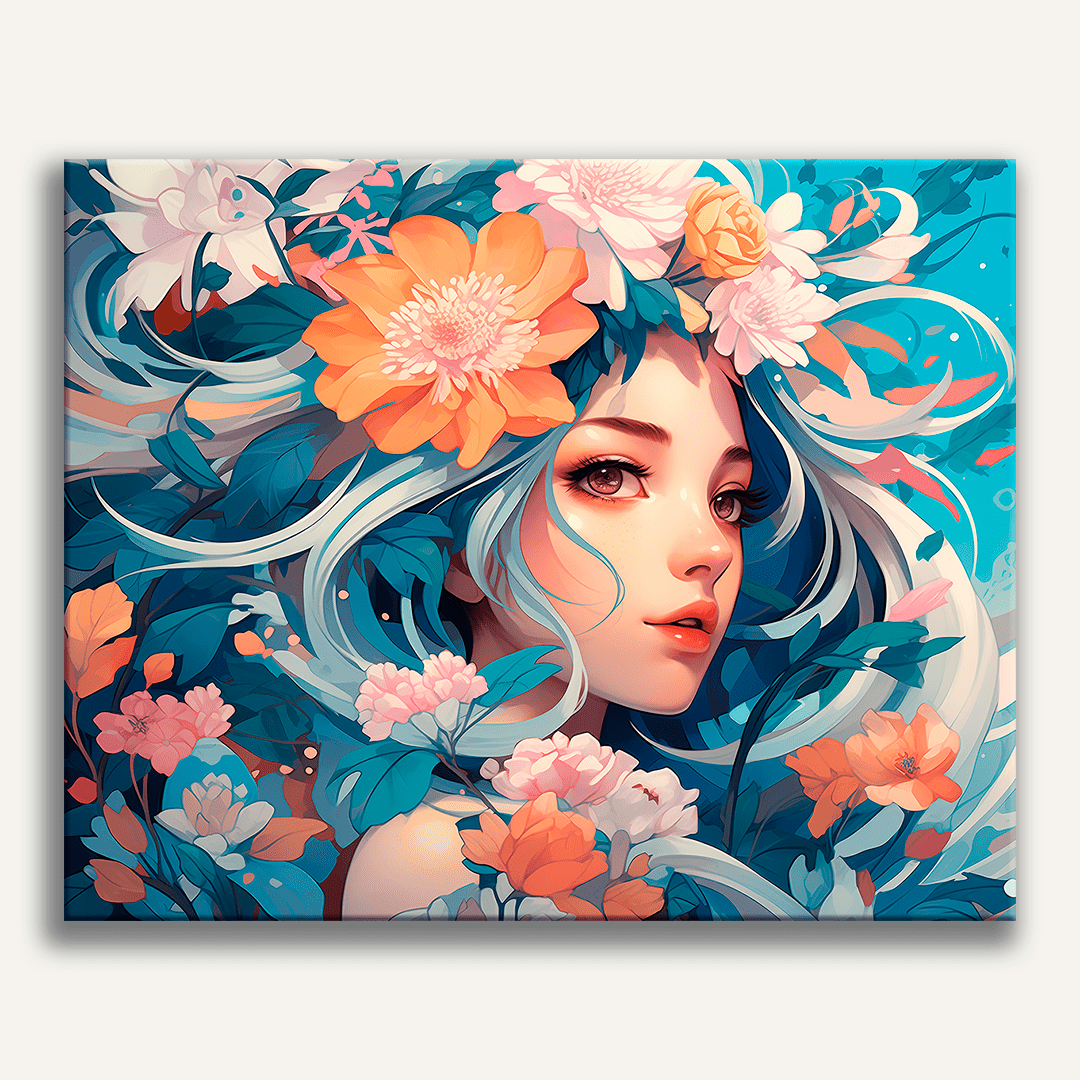 A colorful illustration depicts a female character with long blue hair, her eyes closed, surrounded by vibrant floral elements that bloom around her face.