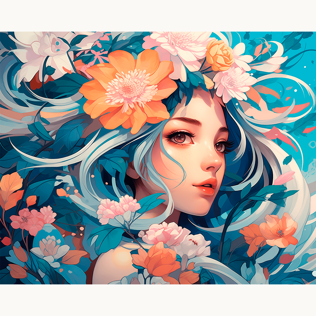A colorful illustration depicts a female character with long blue hair, her eyes closed, surrounded by vibrant floral elements that bloom around her face.