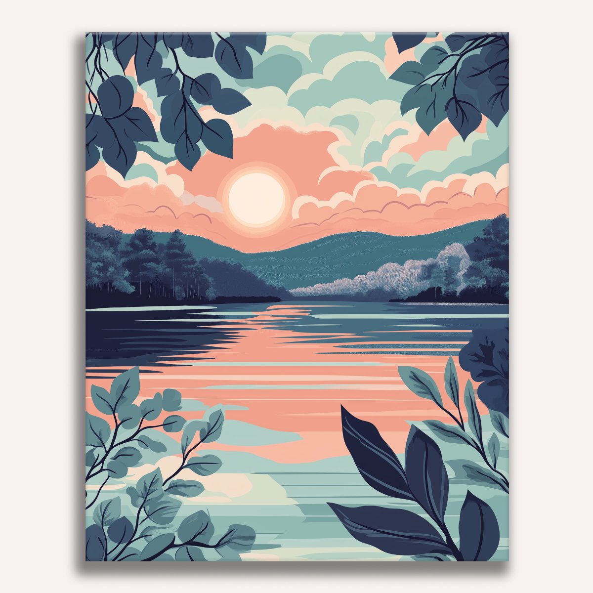 A serene landscape greets the viewer with a tranquil river and a lush, green forest flanking the scene.