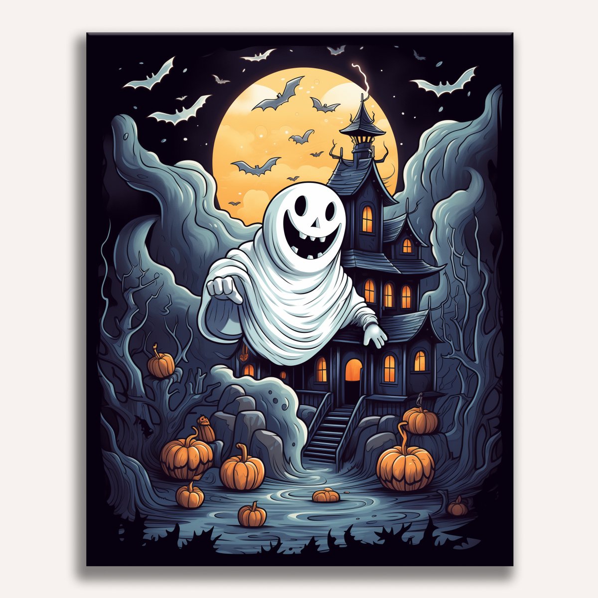In the poster, a cartoon ghost is joyfully floating on a broomstick in front of an eerie Halloween house.