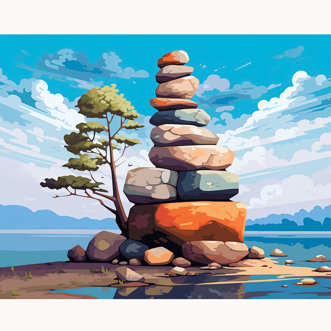A digital illustration features a small island with rocks stacked precariously on one side.
