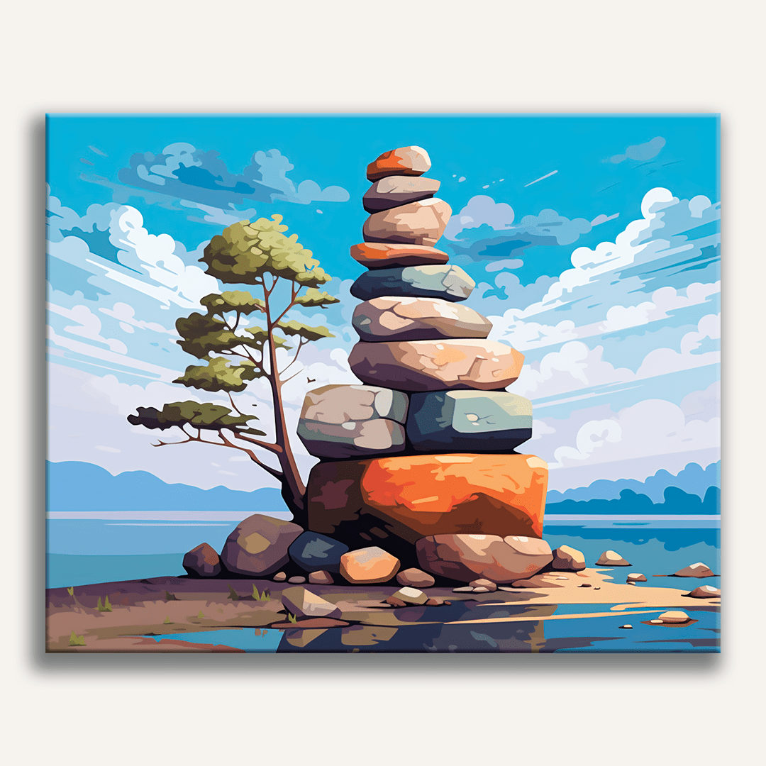 A digital illustration features a small island with rocks stacked precariously on one side.