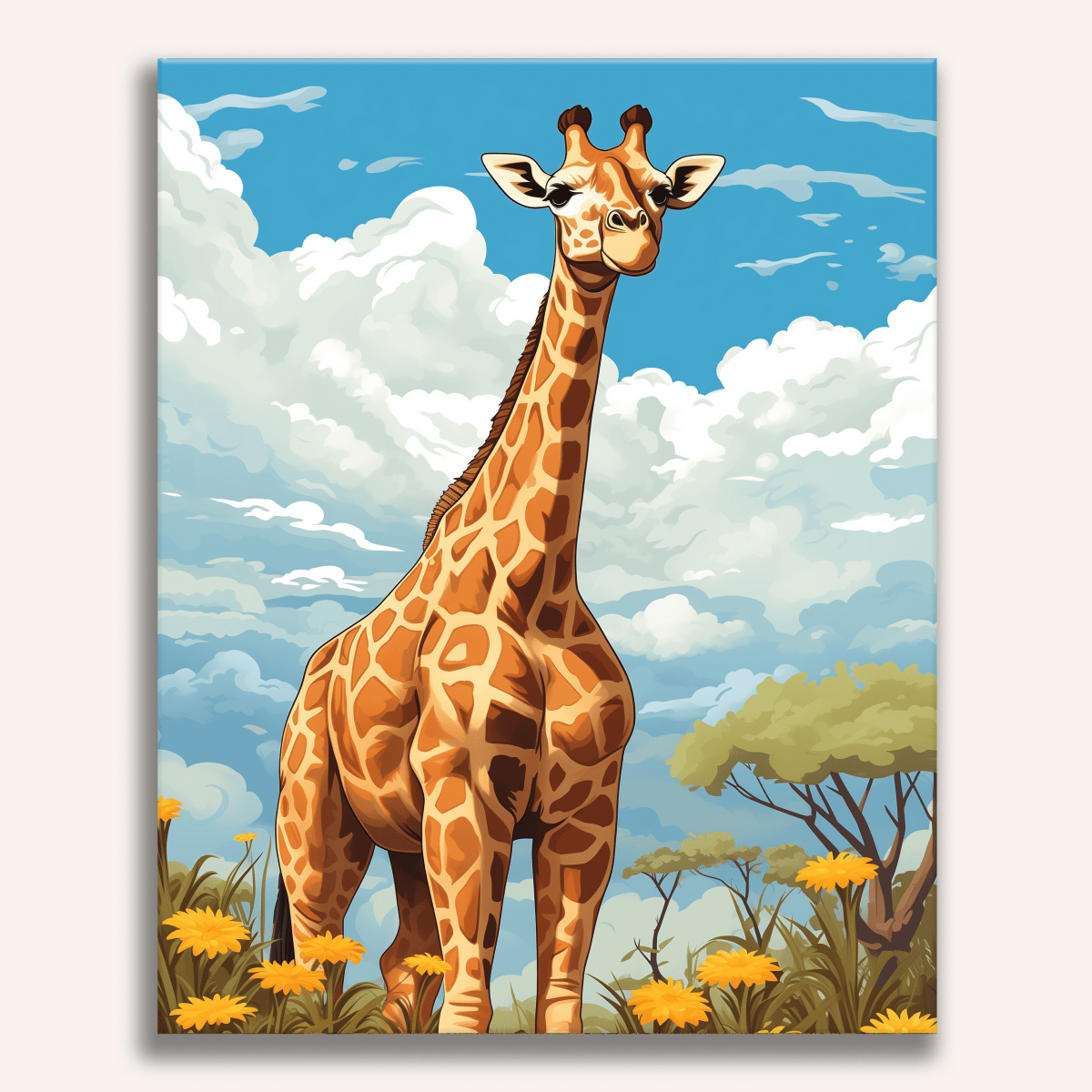 This is an illustrated print featuring a tall giraffe standing on a grassy field.