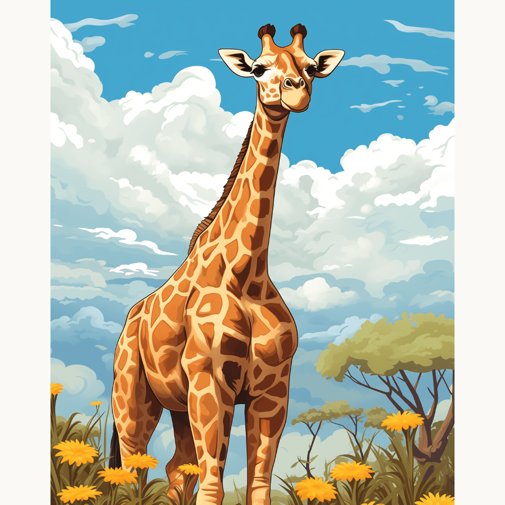 This is an illustrated print featuring a tall giraffe standing on a grassy field.