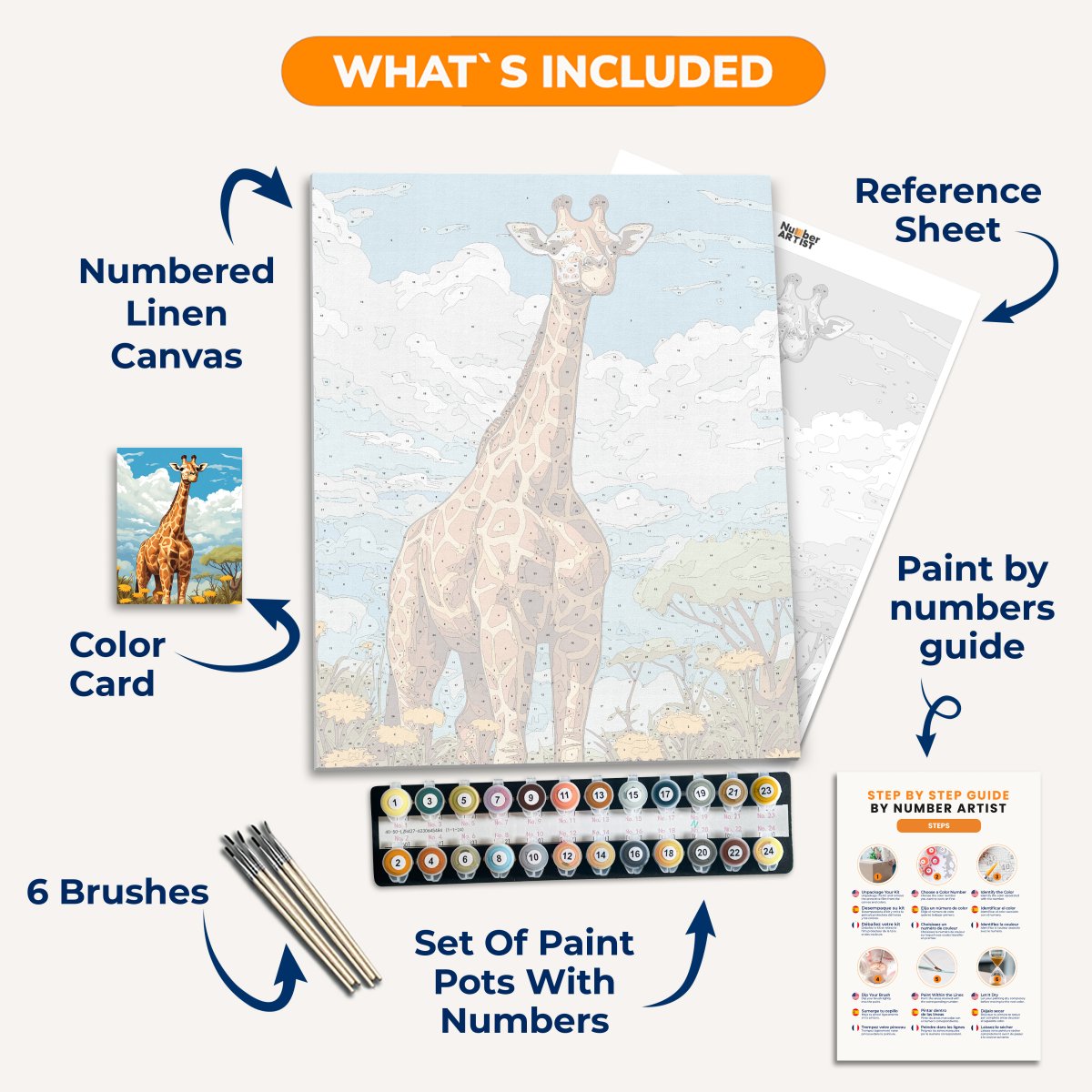 This is an illustrated print featuring a tall giraffe standing on a grassy field.