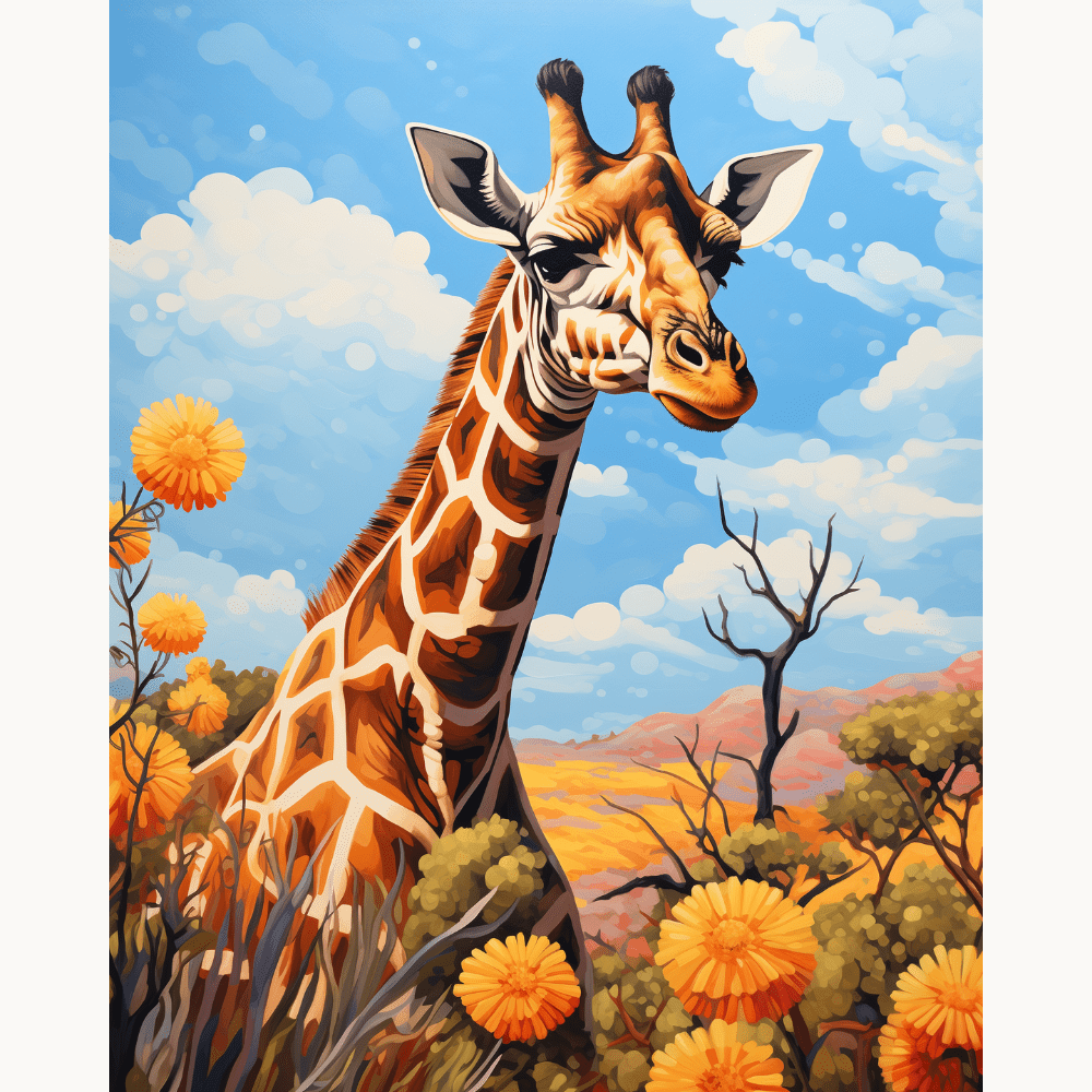 This is a vertical illustration featuring an adult giraffe standing among desert vegetation.