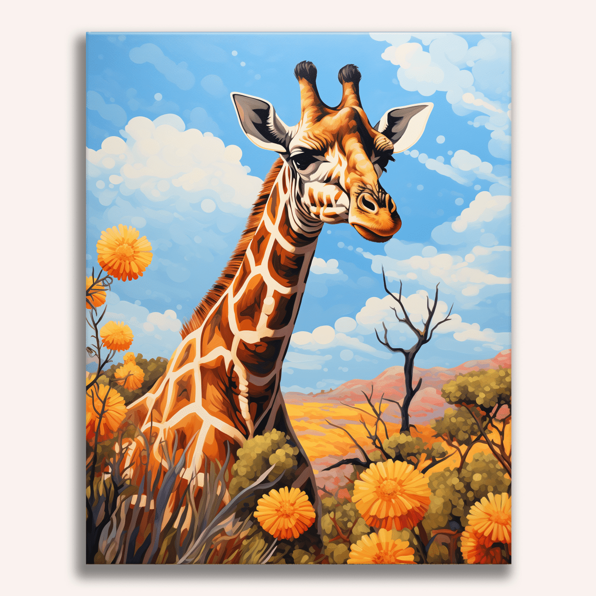 This is a vertical illustration featuring an adult giraffe standing among desert vegetation.